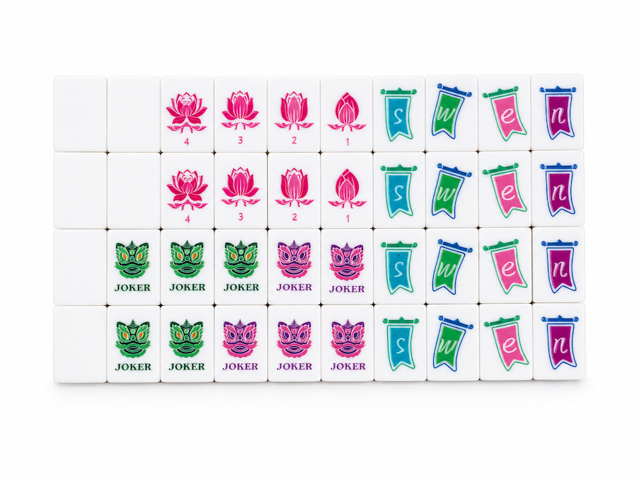 Mahjong tiles set with flower, joker, and character suits in white and amethyst