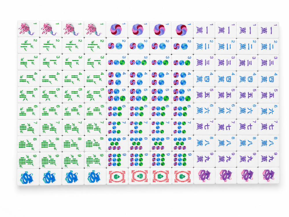 Azure Tide mahjong tile set laid out, with colorful character and bamboo tiles in rows.