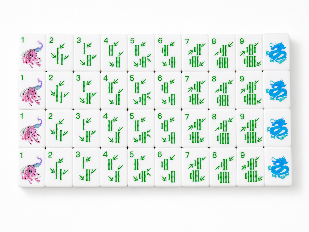 Azure Tide mahjong tile set rows of tiles with bamboo and numbered markings on white faces.