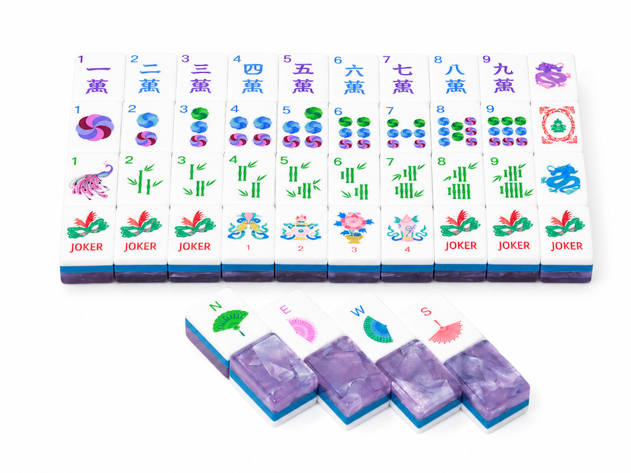 Mahjong tray with Joker tiles, colorful suits, and purple insets on white tiles