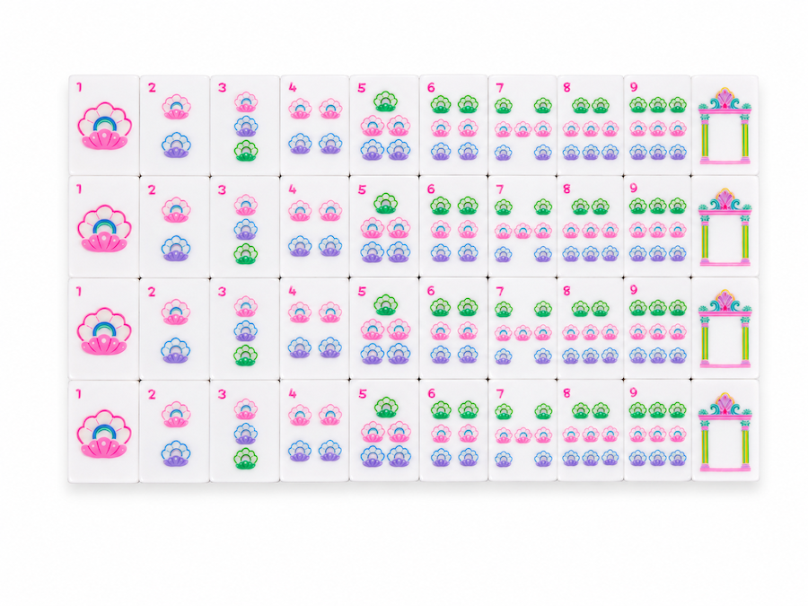 Mahjong tile spread showing numbered tiles with lavender, green, and pink icons
