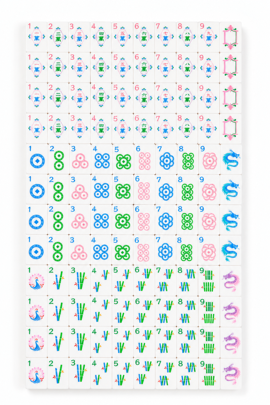 Mahjong tile set with colorful suit and character tiles, peach-pink sides