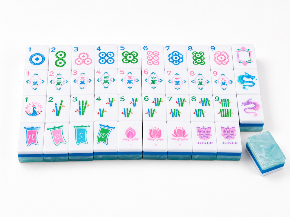 Mahjong tile rack laid out with numbered suits, flowers, and blue dragon joker tiles