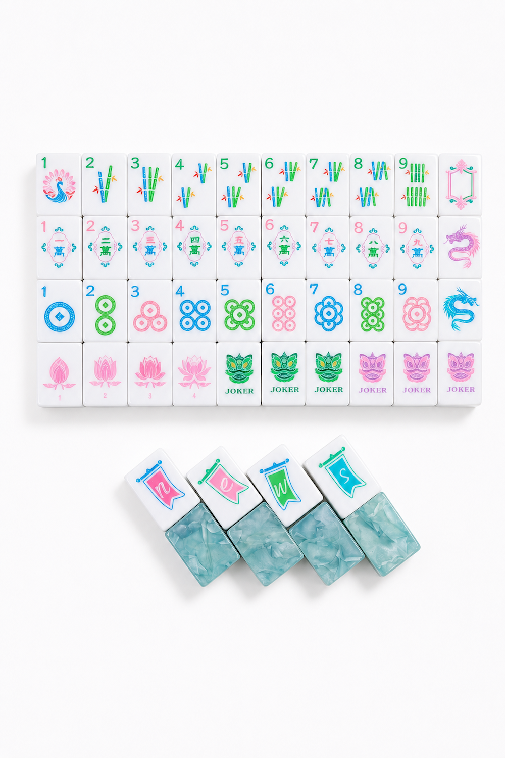 Mahjong tile wall with numbered suits, flowers, and several face-down light blue tiles