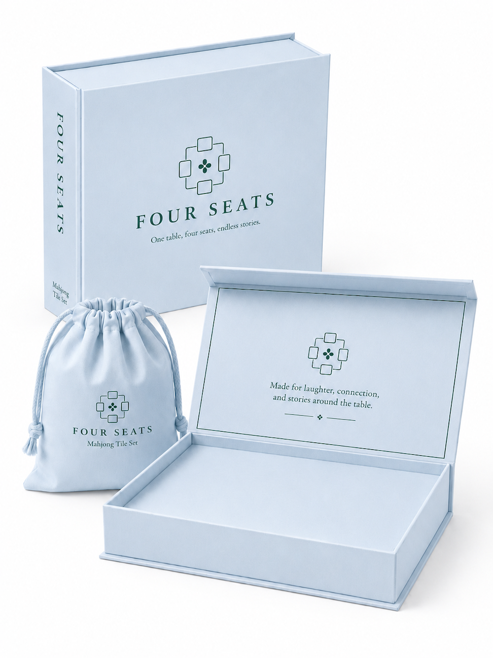 Mahjong table accessory box set with blue logo cards and drawstring pouch