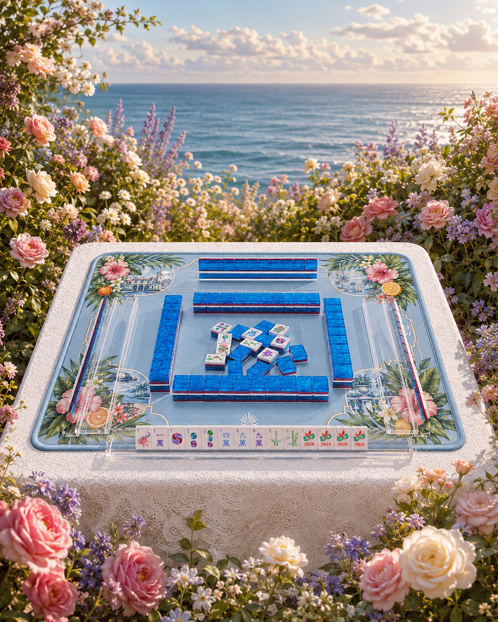 Mahjong table with blue tile layout on a glass playing surface in garden