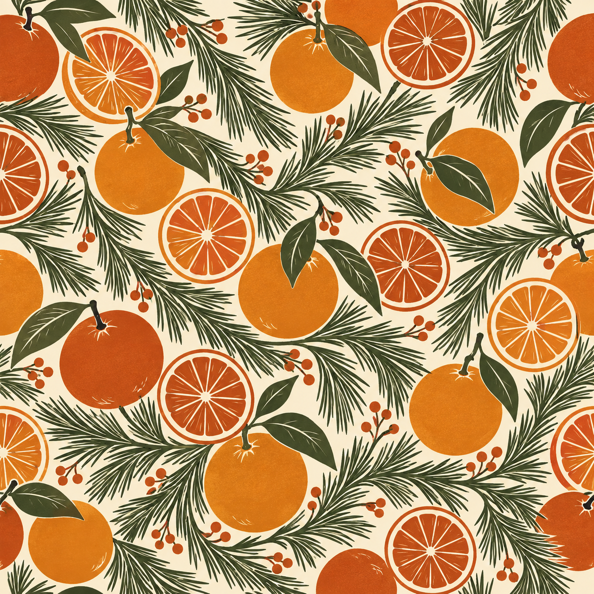 Oranges, citrus slices and pine needles across a warm cream mahjong mat.