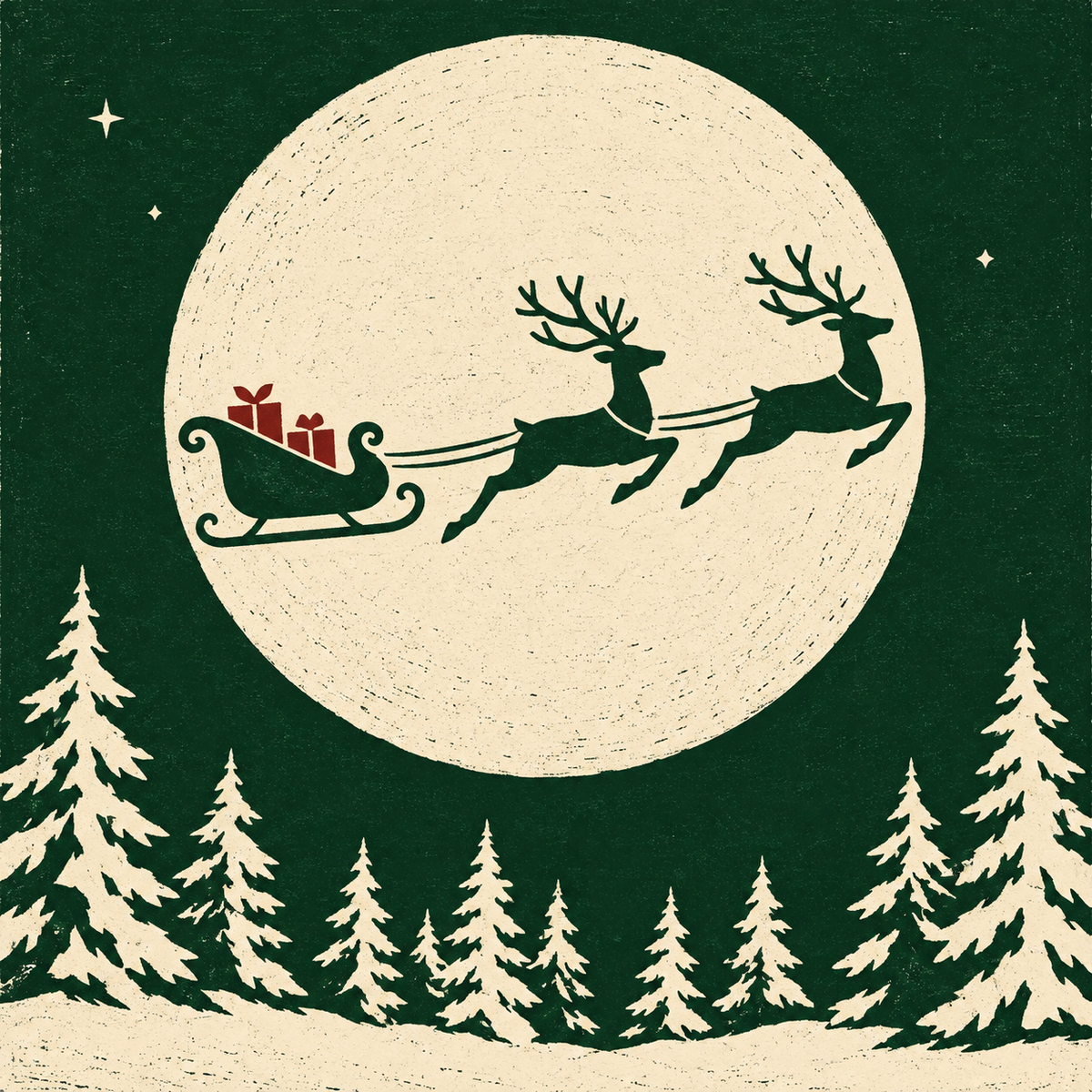 Sleigh and reindeer crossing a large pale moon above a winter forest on a mahjong mat.