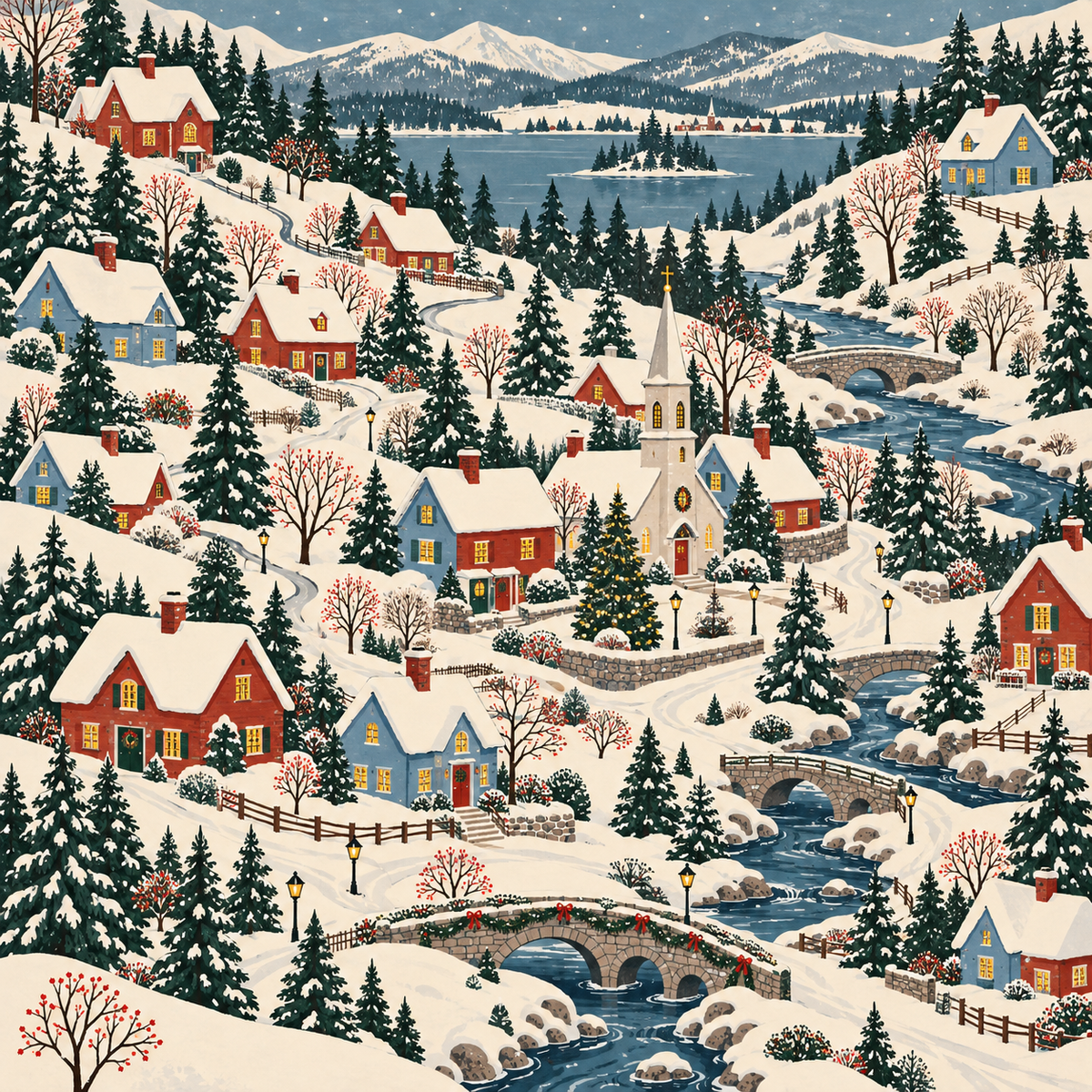 Snowy cottages, evergreen trees and winding water on a Christmas village mahjong mat.