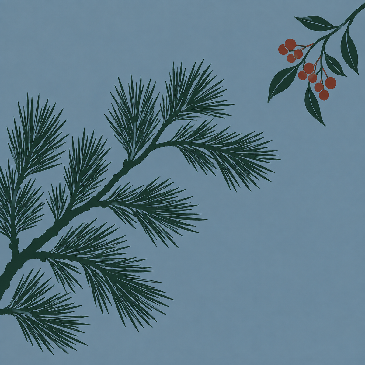 Diagonal pine branch and small red berry accent on a blue-gray mahjong mat.