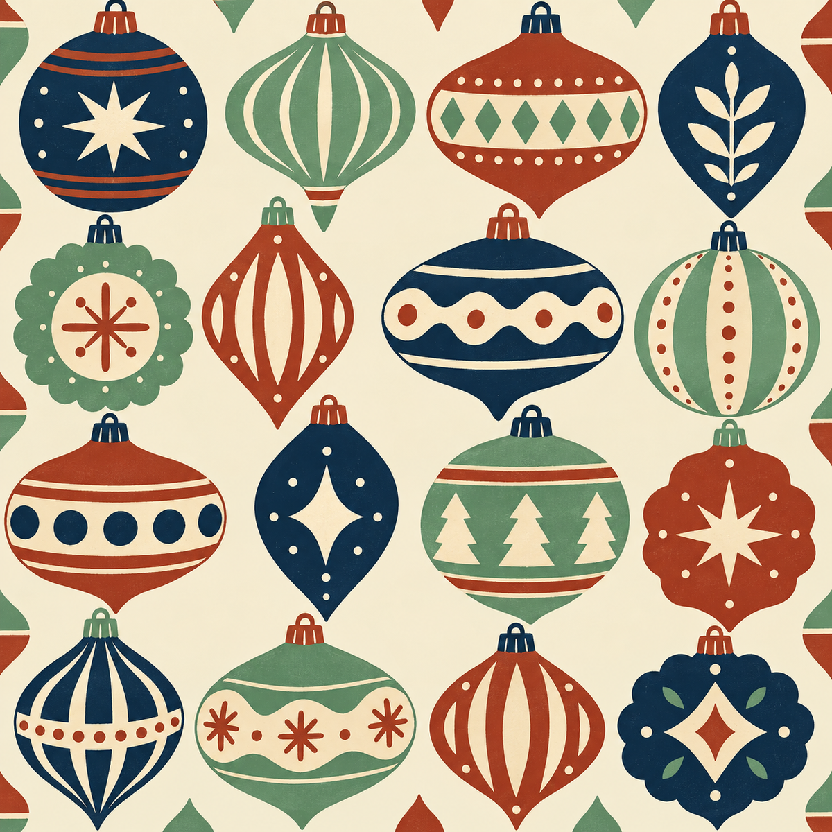 Decorative ornaments with geometric patterns in blue, rust, green and cream on a mahjong mat.