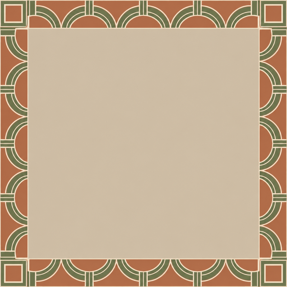 Terracotta and olive decorative arches ready-made mahjong mat with tan center panel