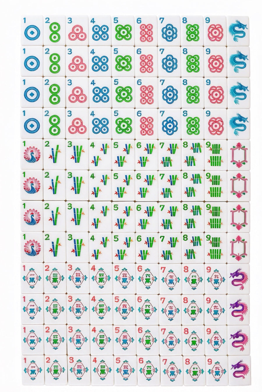 Full face-up mahjong tile layout with colorful suits and pink accents
