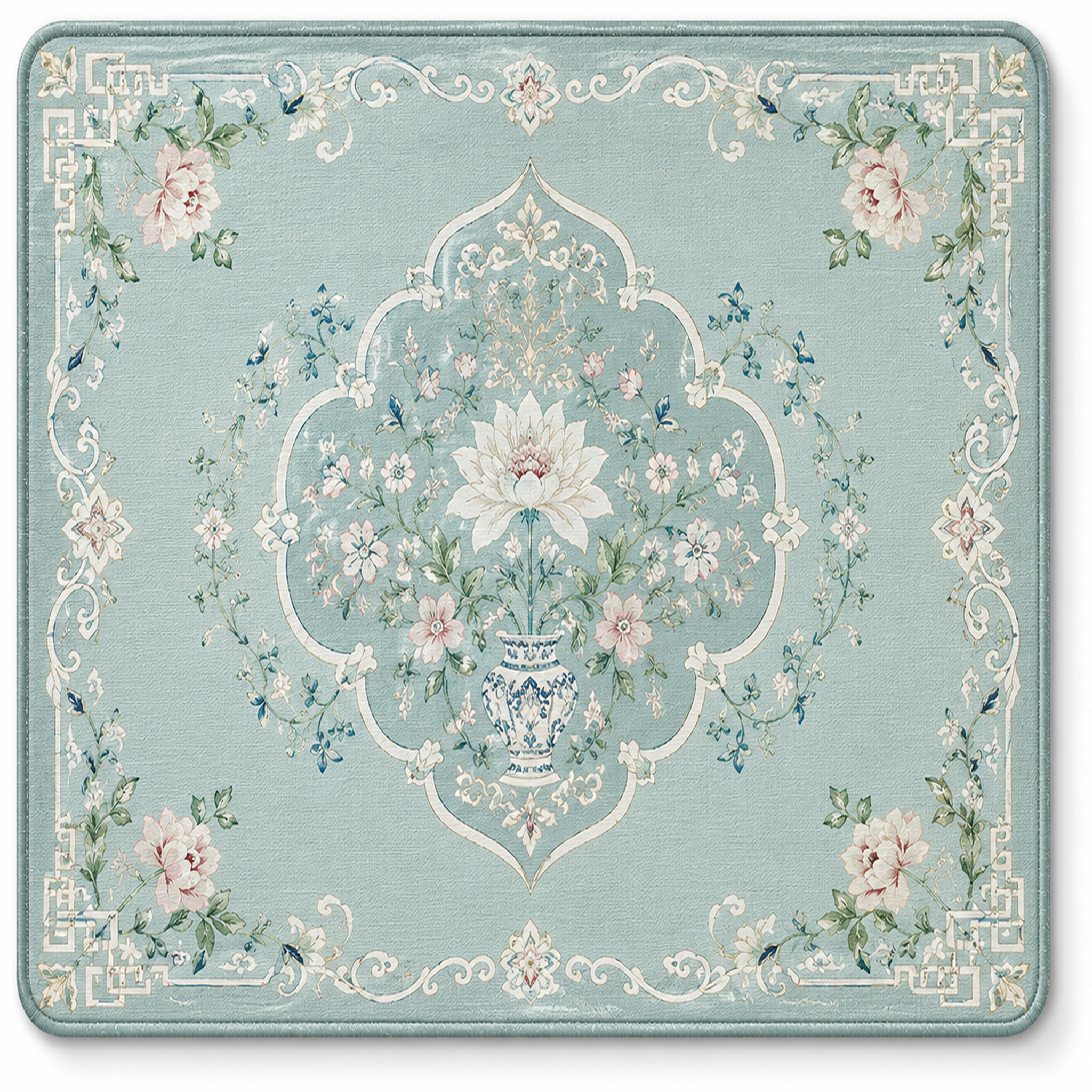 Aqua floral medallion ready-made mahjong mat with ornate border and center floral print