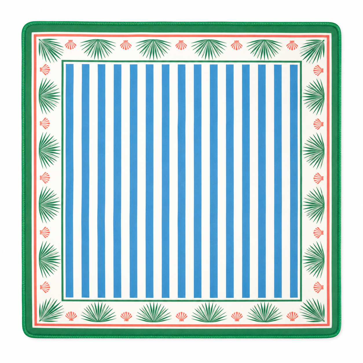 Rectangular mahjong mat with green border, tropical leaf shell print, and blue striped center