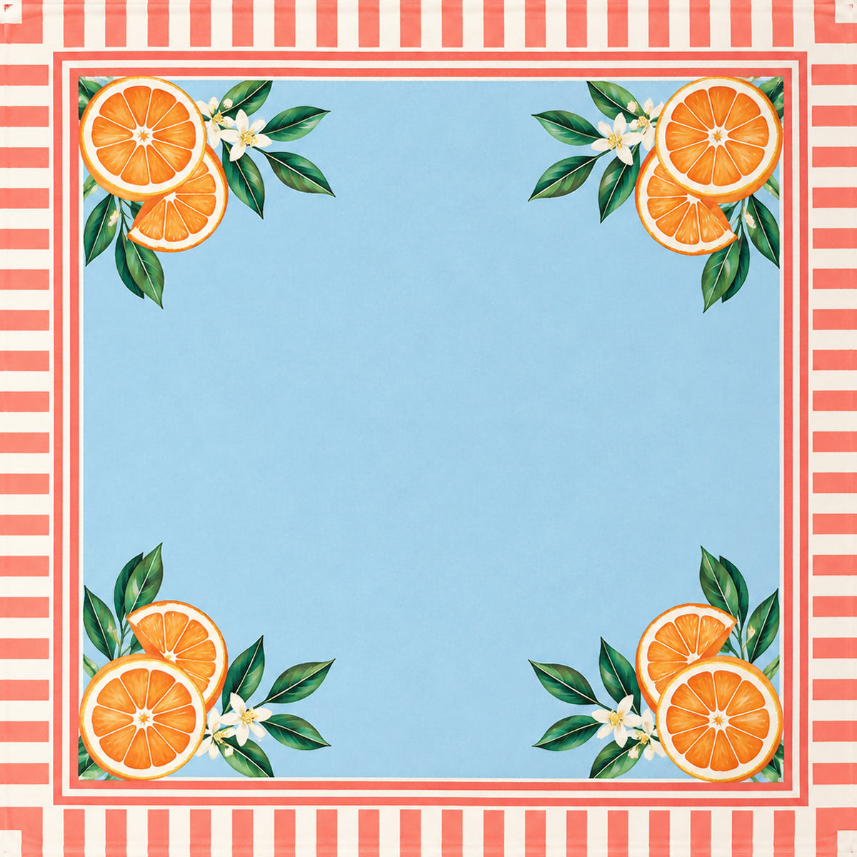 Ready-made mahjong mat with citrus fruit corner border and blue center