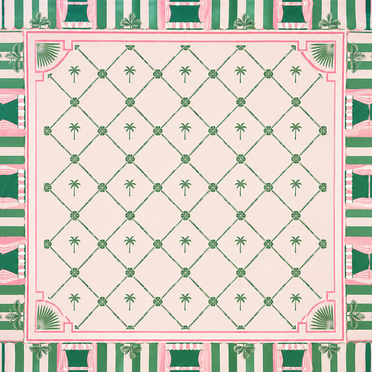 Ready-made mahjong mat with pink border and green trellis grid on light background