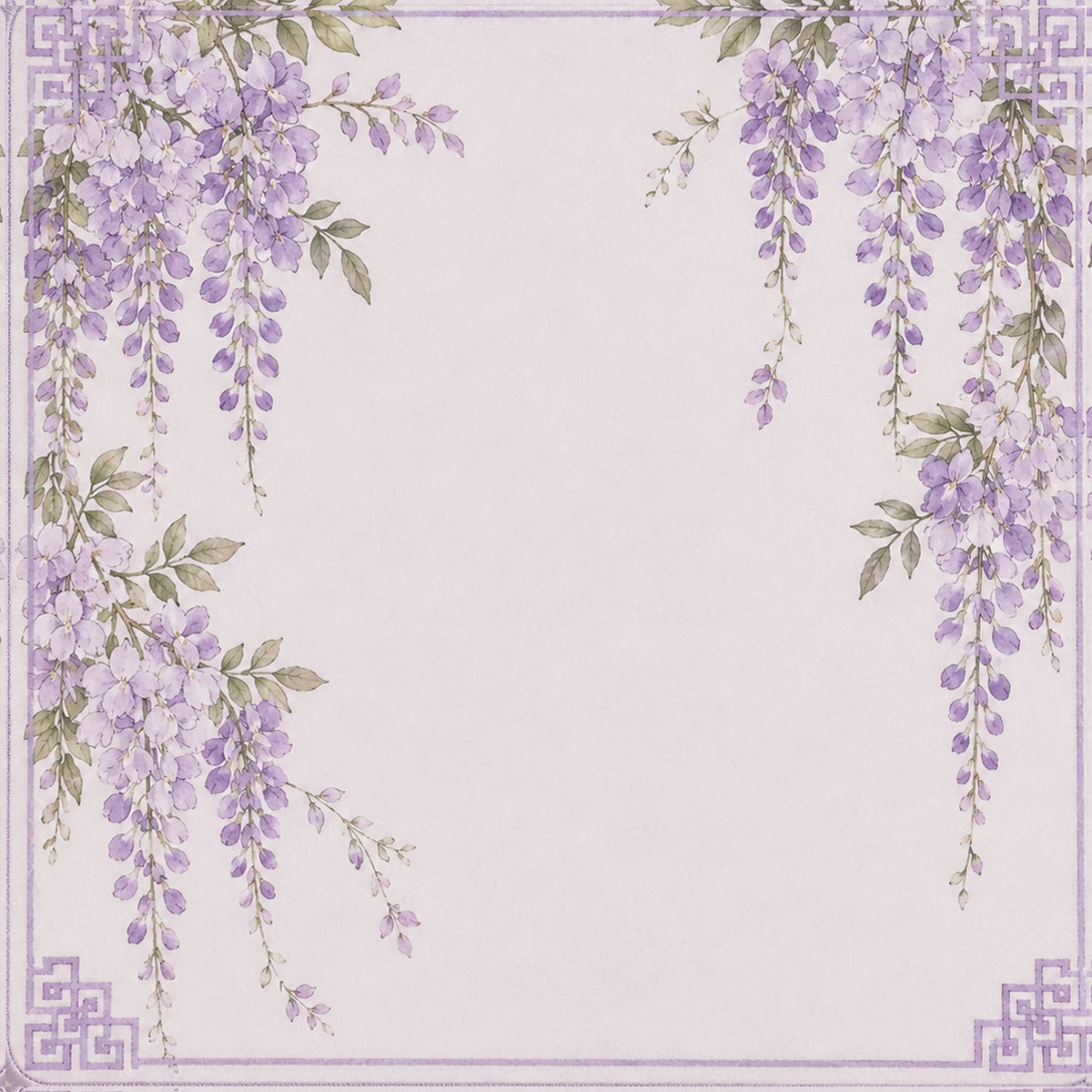 Ready-made mahjong mat with purple wisteria vine border and Greek key corners.