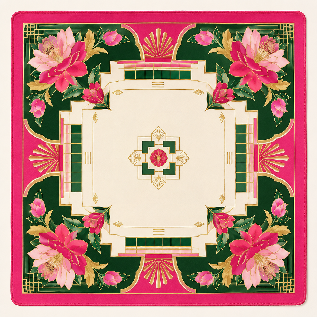 Floral mahjong mat with pink flowers, green leaves, and geometric border in a ready-made design
