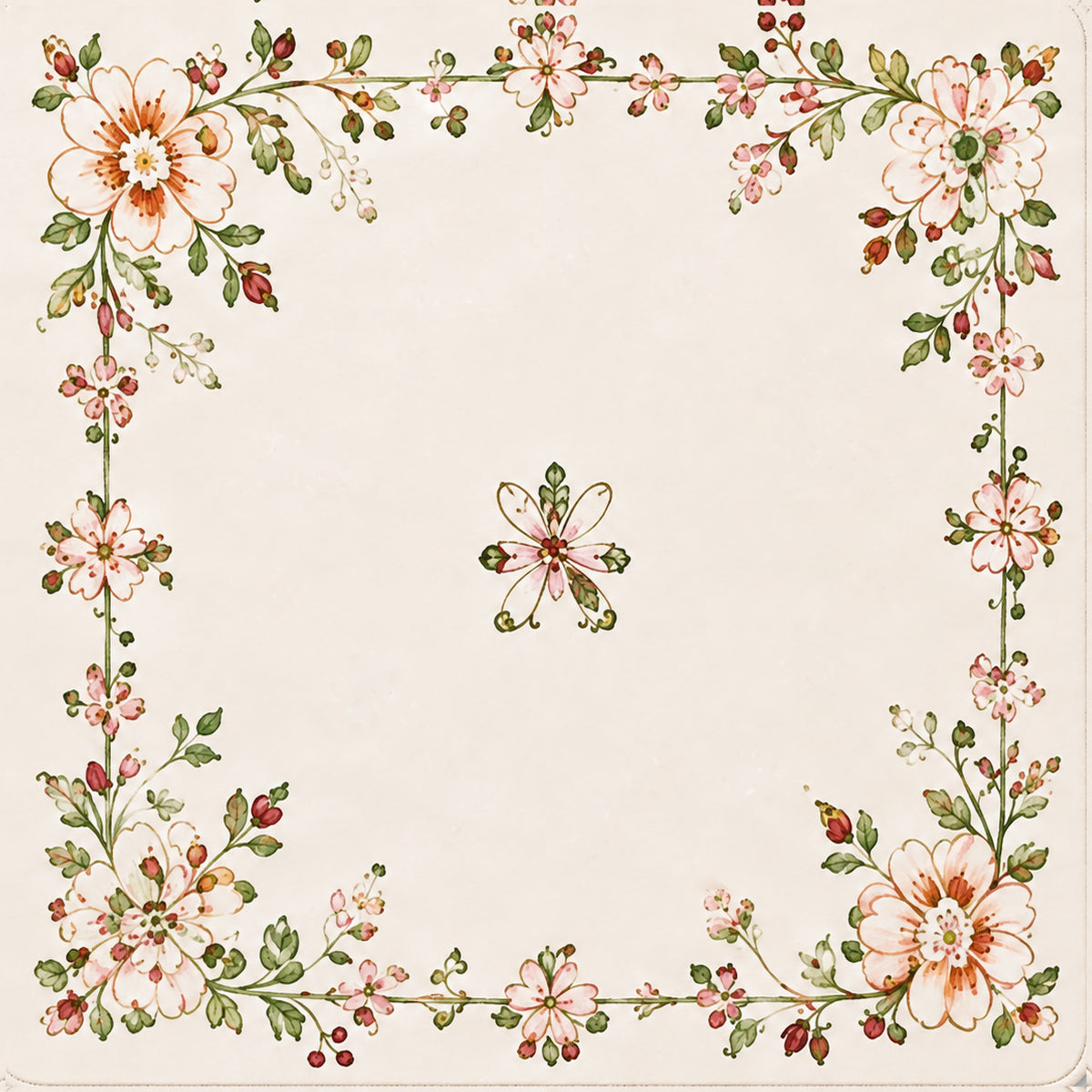 Botanical floral frame ready-made mahjong mat on cream base, multicolor blossoms