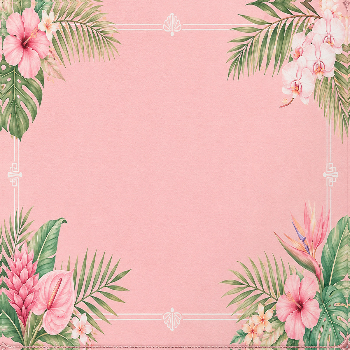 Pink hibiscus floral mahjong mat with leafy corner designs and decorative border