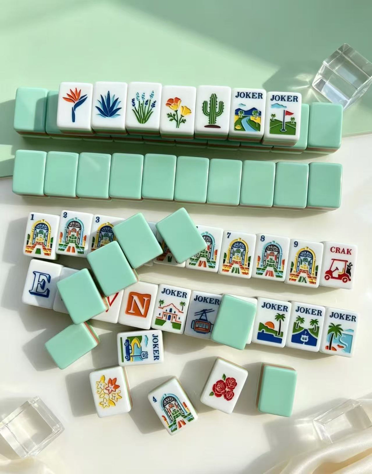 Resort American Mahjong tiles — Cabana Mint backs and artwork #Colorway_Cabana Mint