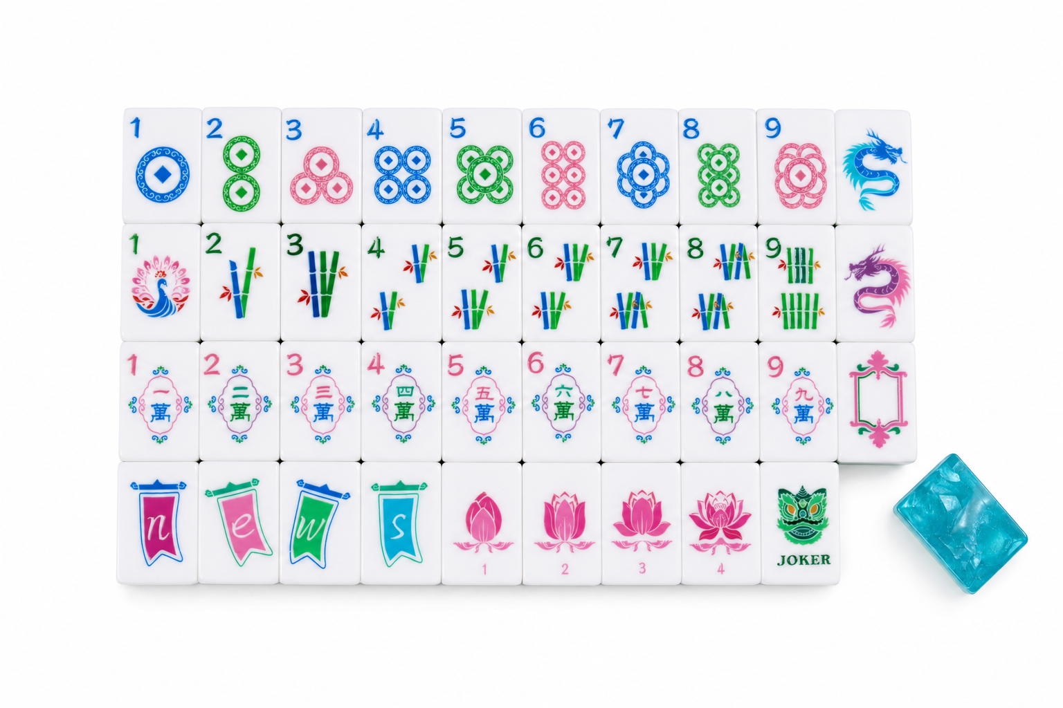 Blue-and-white mahjong tiles with colorful suit symbols, numbers, and flower designs