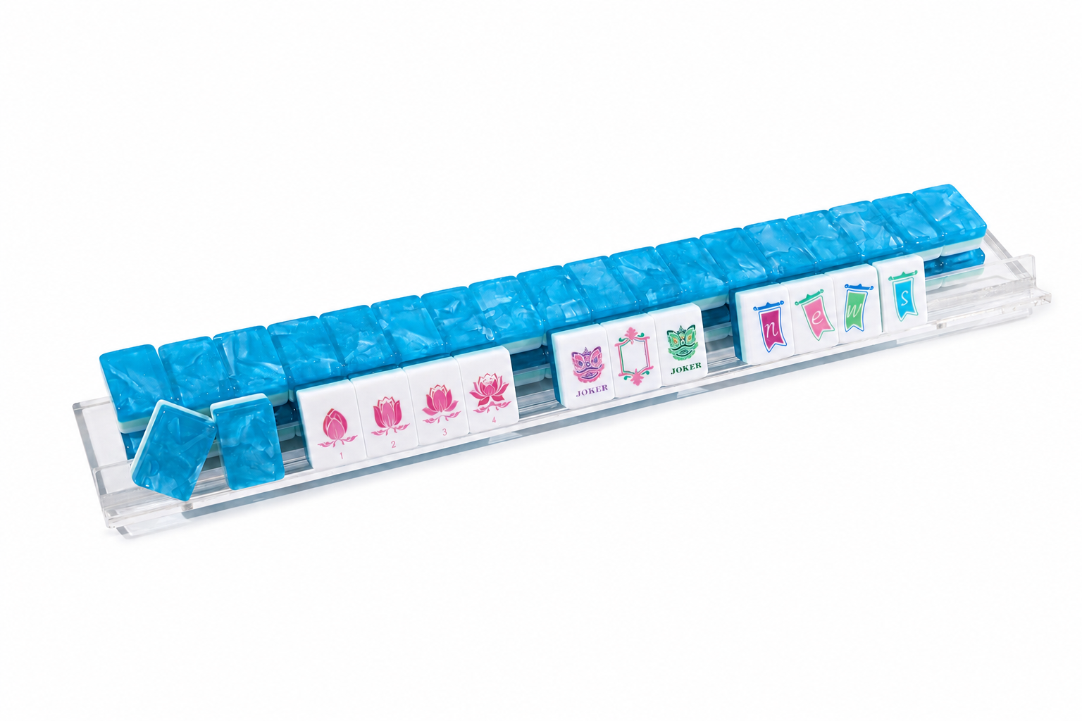 Blue mahjong tiles lined in a clear tray, with colorful suit tiles along the rack