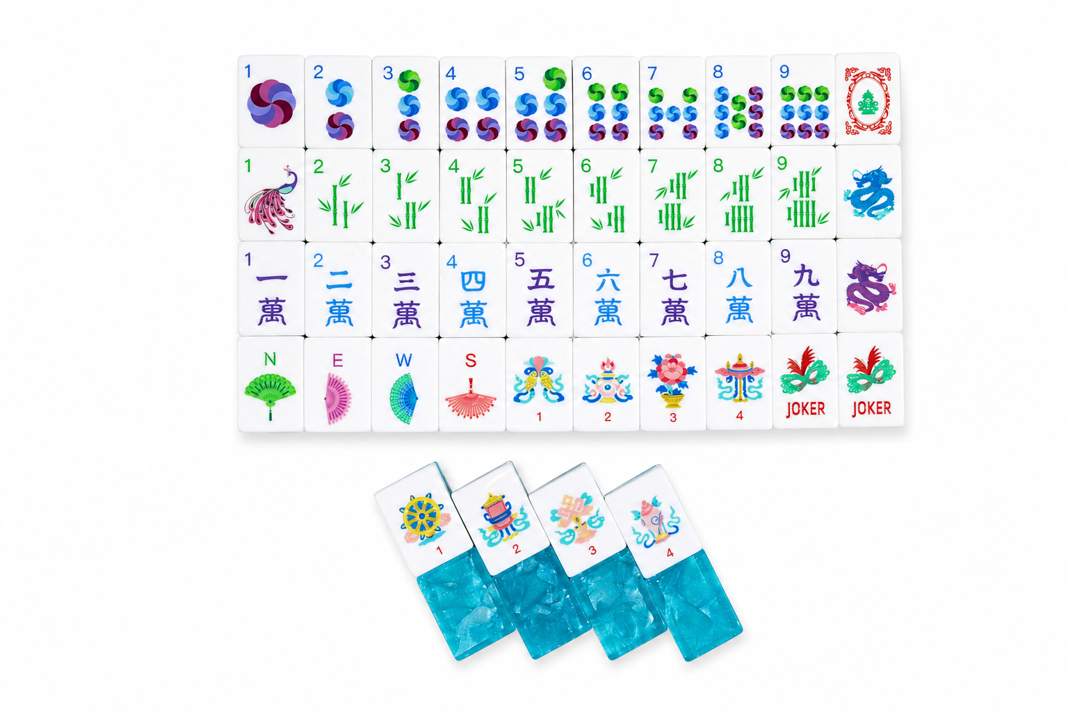 Lagoon-blue mahjong tiles with colorful character and number faces on a tray