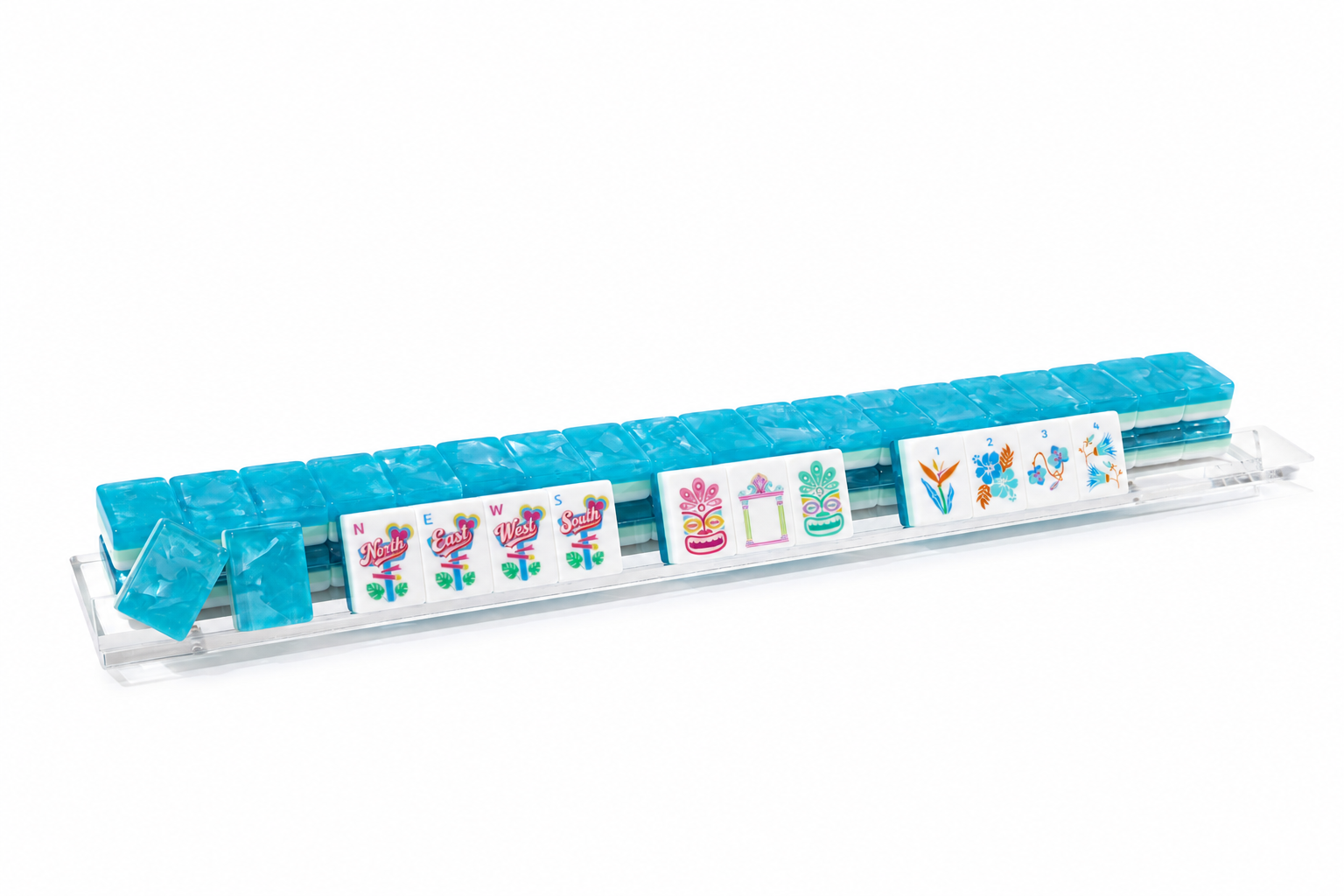 Long row of blue mahjong tiles with colorful character symbols on faces