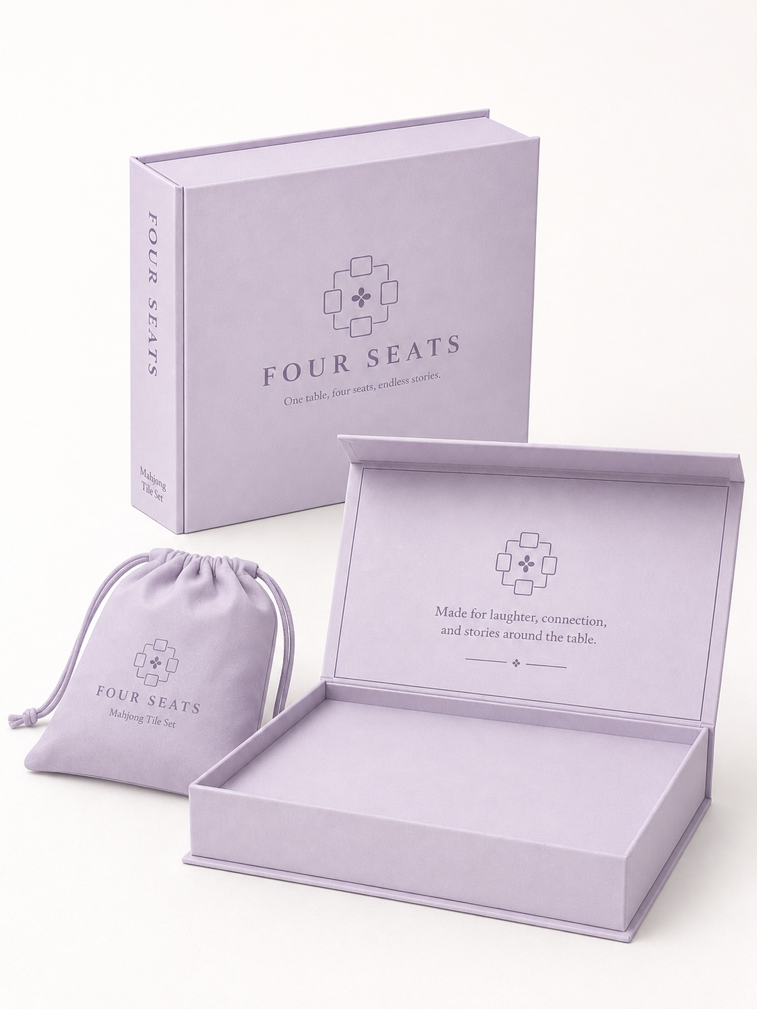 Four Seats lavender Mahjong tile set gift box, presentation box, and drawstring storage bag