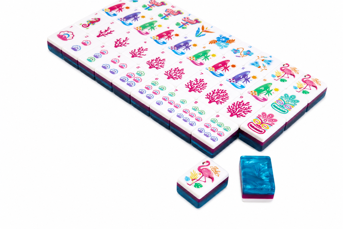 Getaway Azure Tide — close-up of floral tile faces and azure-blue acrylic backs #Colorway_Azure Tide