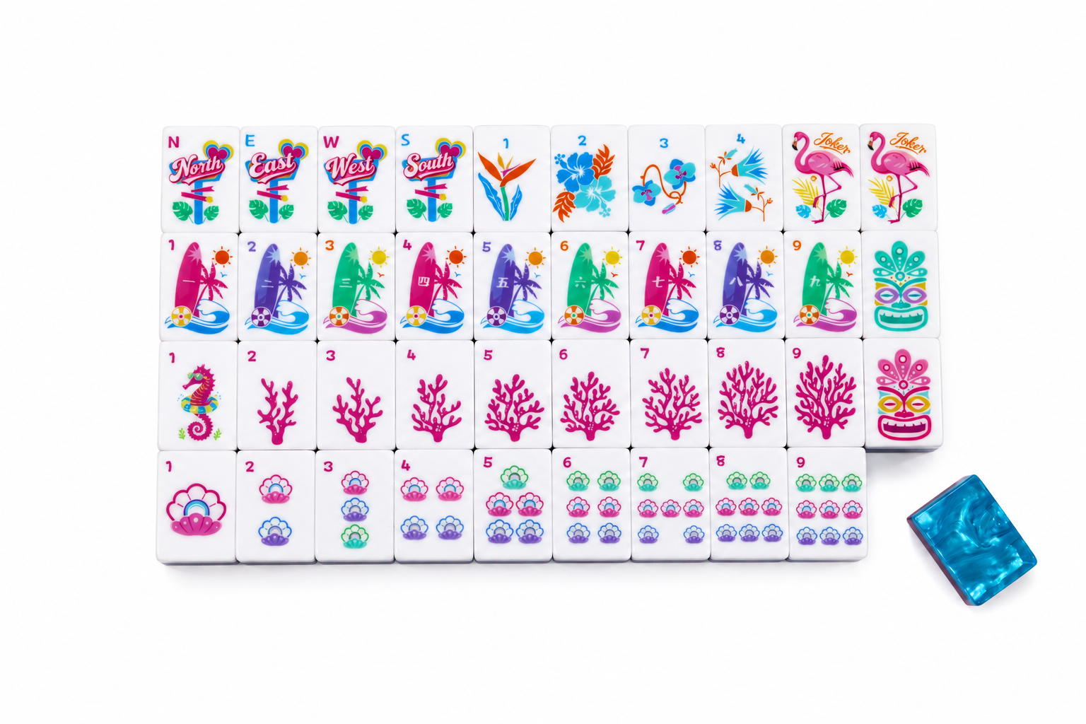 Mahjong tile layout with numbered tiles and a blue tile piece on the side