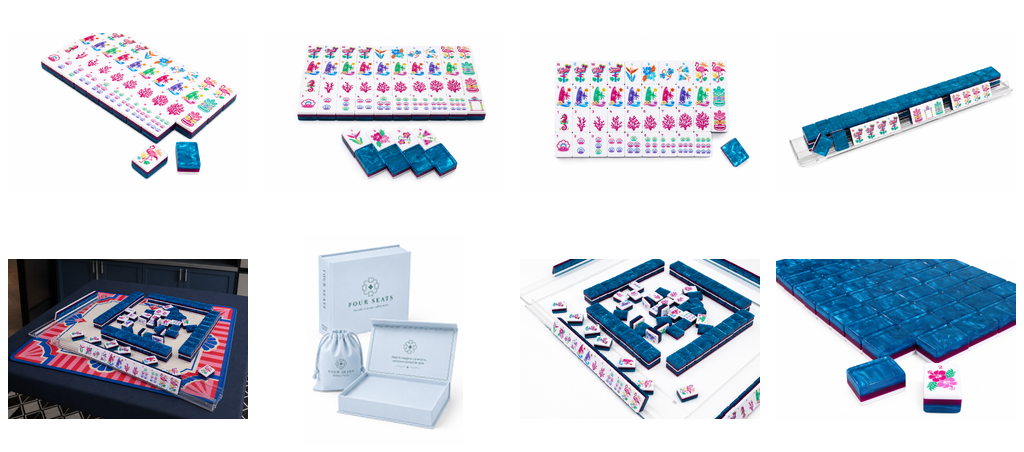 Mahjong tile set photos showing tiles, racks, and playing surface in one view