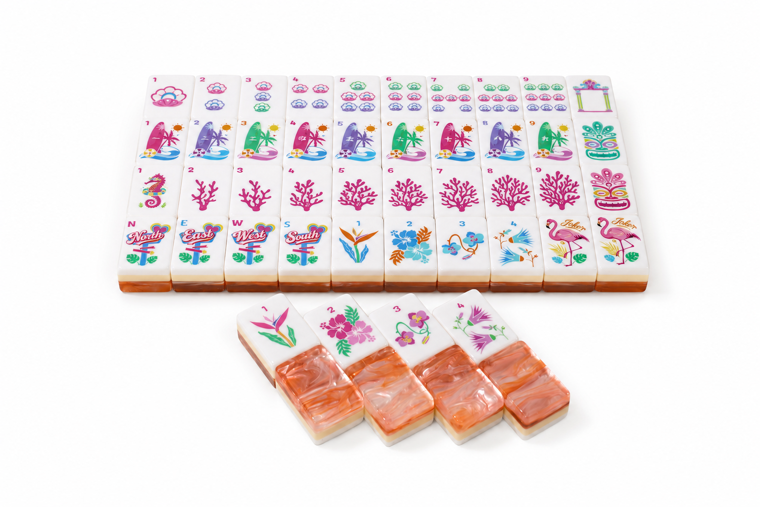 Mahjong tile fan layout with colorful designs and coral-orange small tile stacks