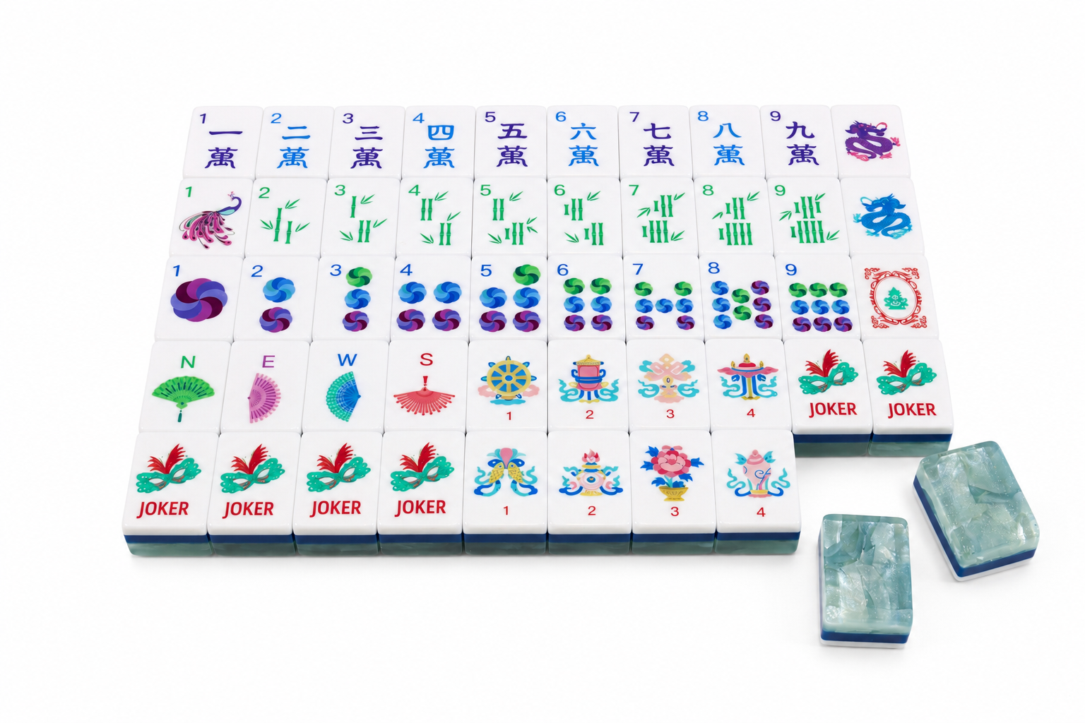 Mahjong tile set with white and jade-green tiles, including stacked tile pieces and jokers