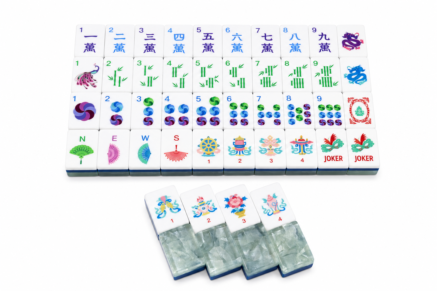 Mahjong tile set with white tiles and jade-green tile stacks, arranged with several tiles laid out