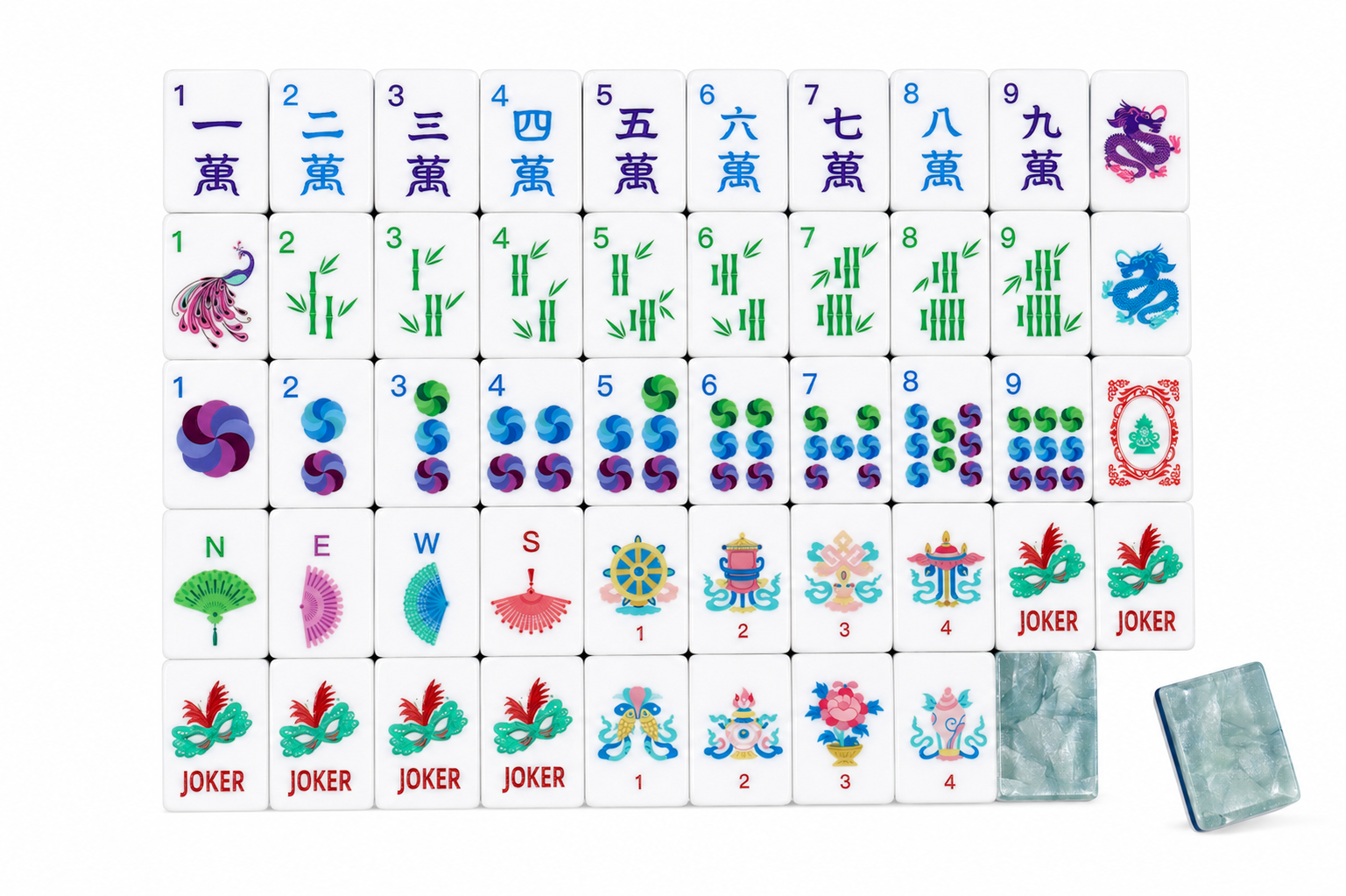 Mahjong tile set laid out in rows, showing white tiles, colorful symbols, and jade-green pieces