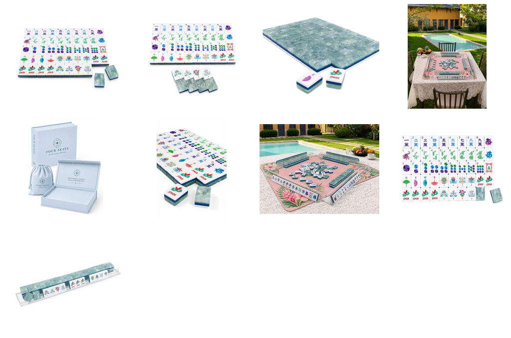 Mahjong tile set on display with tiles, mat, and packaging shown in a collage