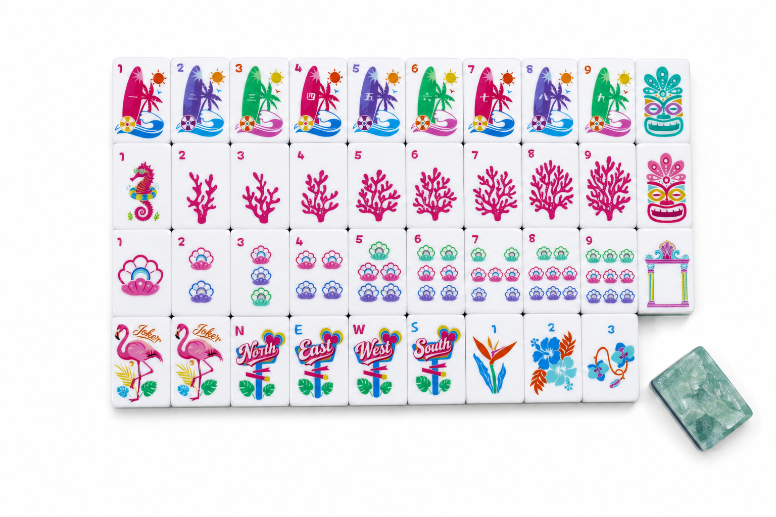 Face-up mahjong tiles showing suits, numbers, and decorative character symbols