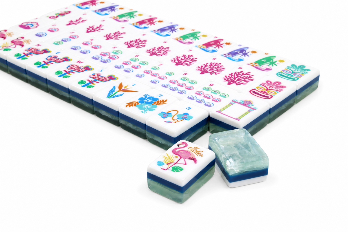 Getaway Jade Current — close-up of tropical tile faces and jade acrylic backs #Colorway_Jade Current