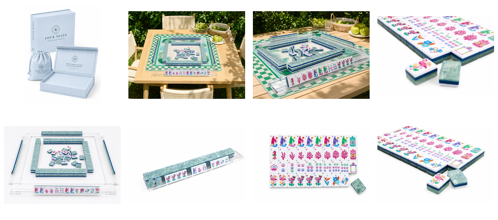 Mahjong tile set collage showing box, clear tray, and laid-out tiles