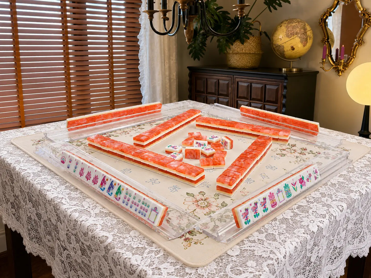 Four Seats Mahjong tile sets displayed on a rack