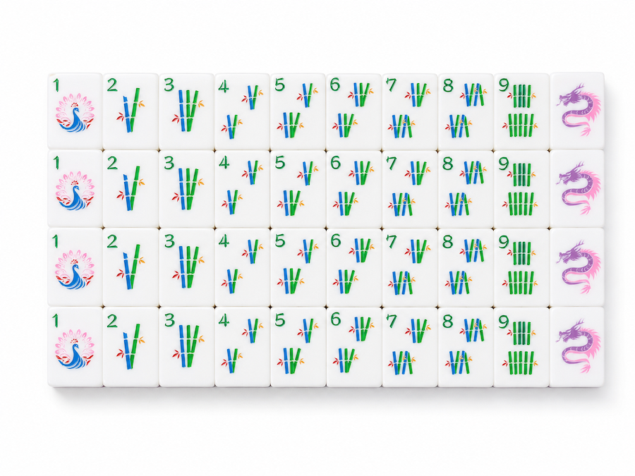 Mahjong tiles in white with multicolor symbols, arranged in neat rows