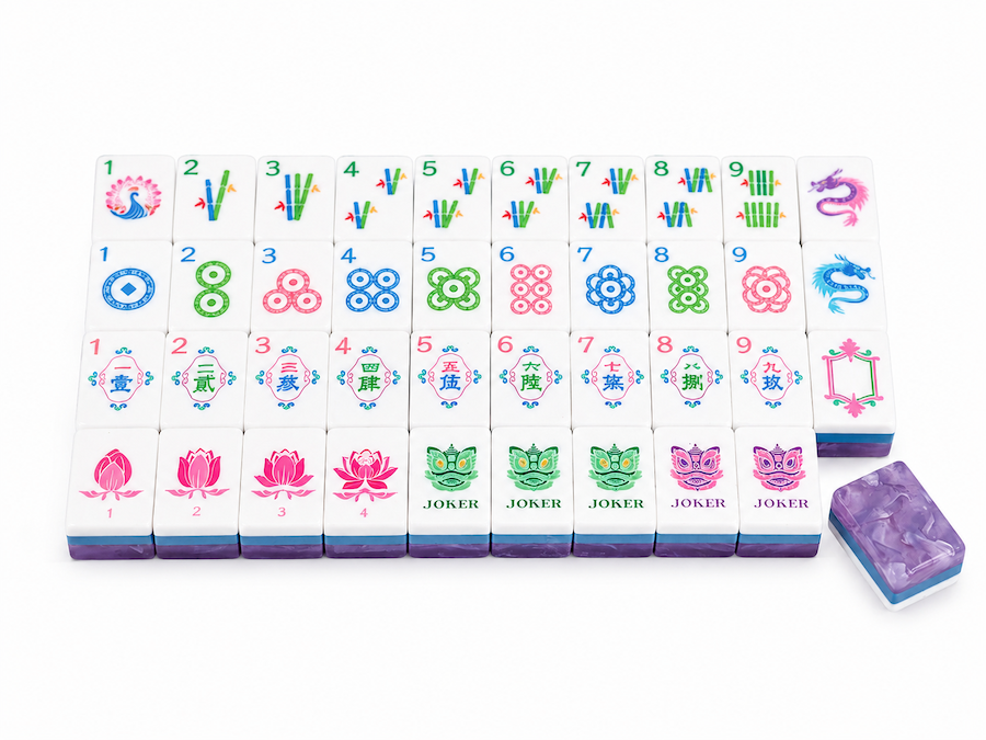 Mahjong tile layout with numbered suits and Joker tiles, plus purple tray pieces