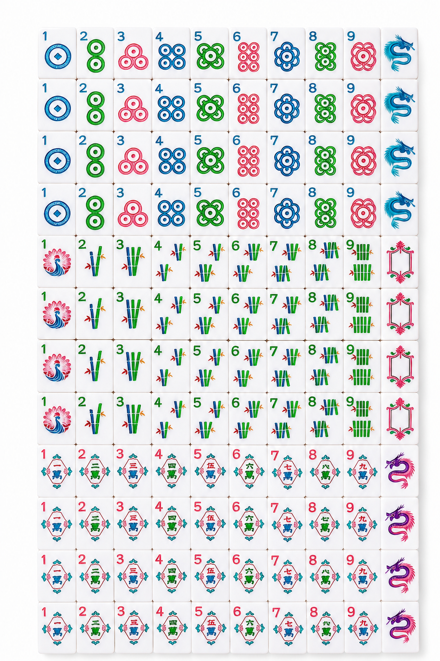 Mahjong tiles laid out in a full grid with multicolor symbol faces