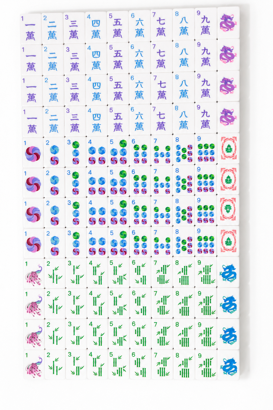 Mahjong tile set laid out, featuring green bamboo, blue circles, and red flower tiles