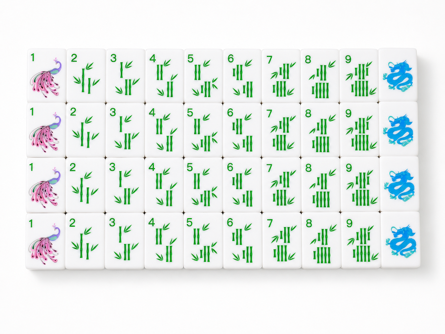 Mahjong tile row with green bamboo and blue suit tiles on white tile faces
