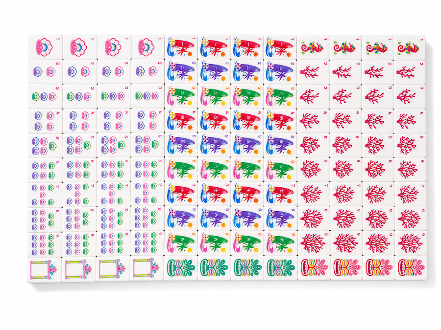 Mahjong tile layout with mixed pastel icons on white tiles in rows
