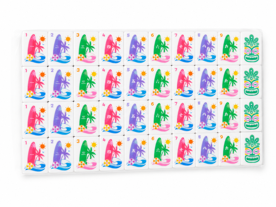 Mahjong tile layout with numbered illustrated suits and multicolor icons
